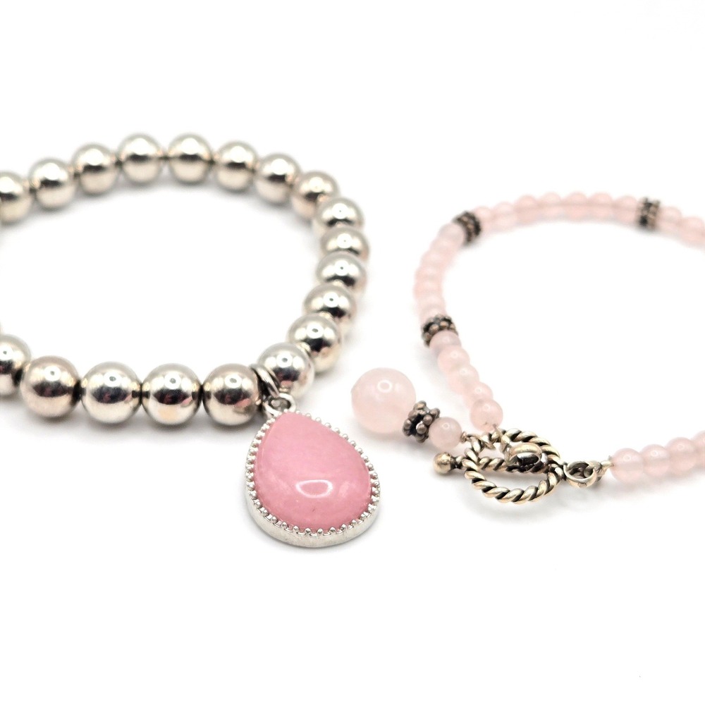 Two Beaded Bracelets Silver Tone Beads Pink Charm & Rose Quartz Toggle Closure‎